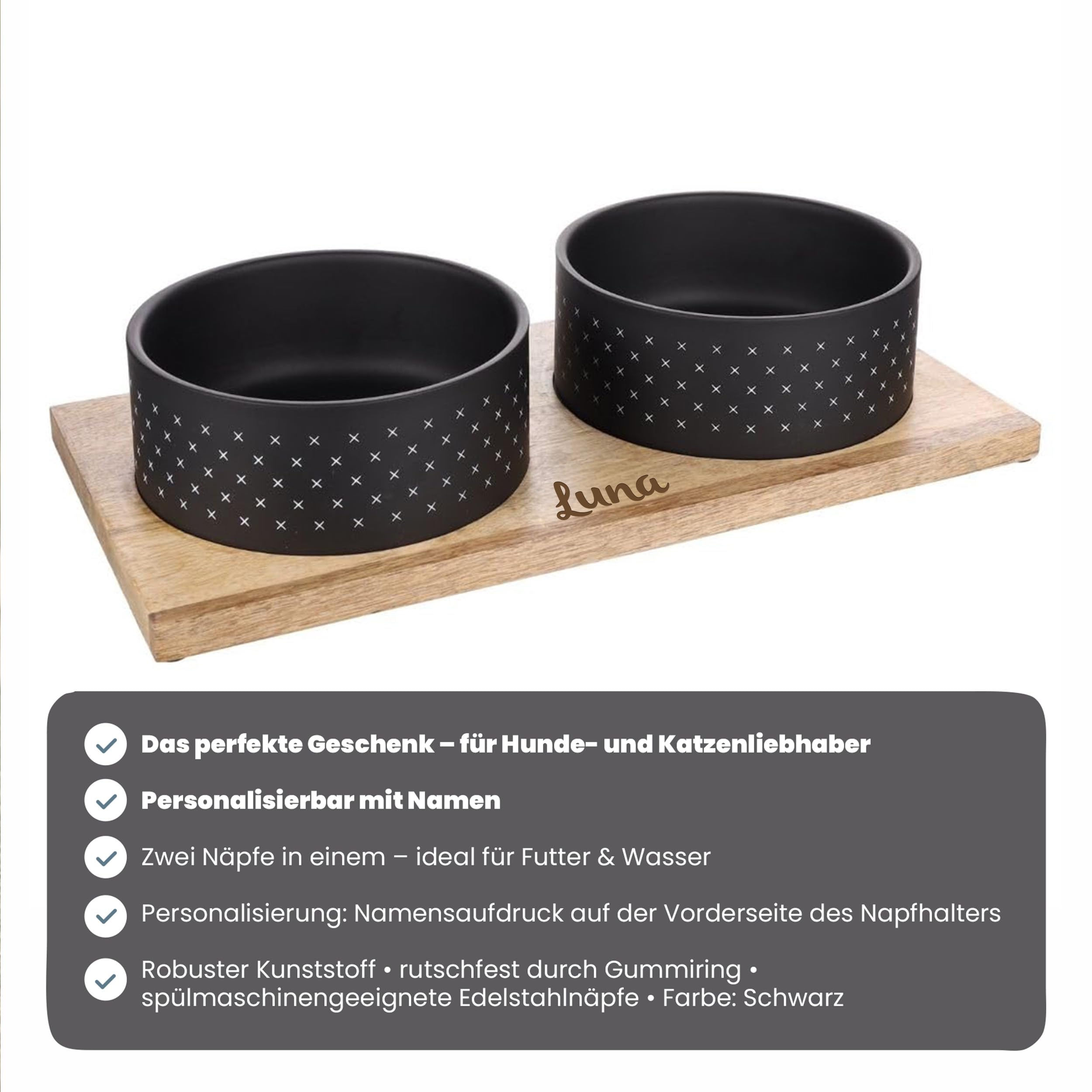 Personalizable comedero Doble Nervo M Negro – Antideslizante & Apto para lavavajillas – para Perros y Gatos – Personalizado con Nombre – Petslino