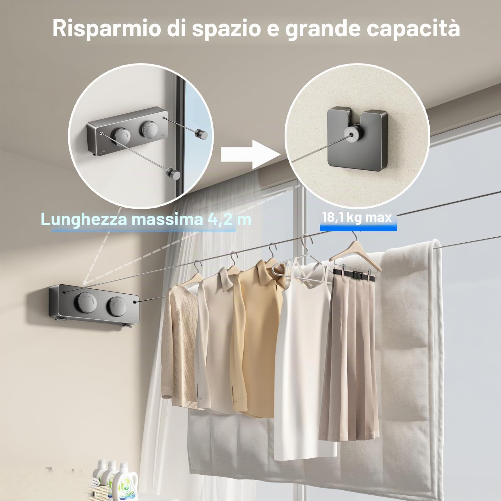 MUSTORN Filo Stendibiancheria Retrattile, Doppia Linea Filo Per Stendere Cavo Stendibiancheria Per Esterno Corda Per Stendere i Panni Esterno Cavo Per Stendere i Panni Esterno 4.2m(Grigio)