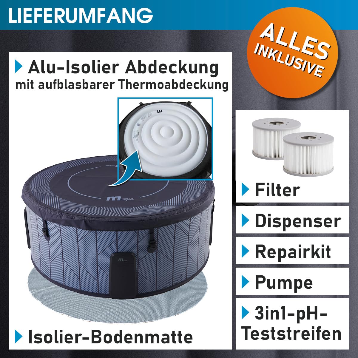 BRAST Whirlpool aufblasbar MSpa Tidal für 6 Personen | Ø173x65cm | 138 Massagedüsen in 3 Intensitäten | In- Outdoor Pool | Ganzjähriger Einsatz Winterfest | einfache Steuerung per App