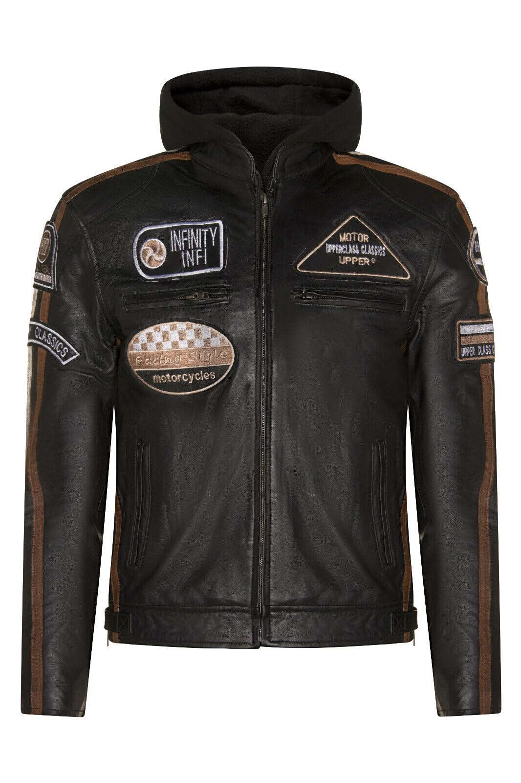 Infinity Leather Men's Black Hood Black Leather Biker Hood Racing Moto Jacket Xl