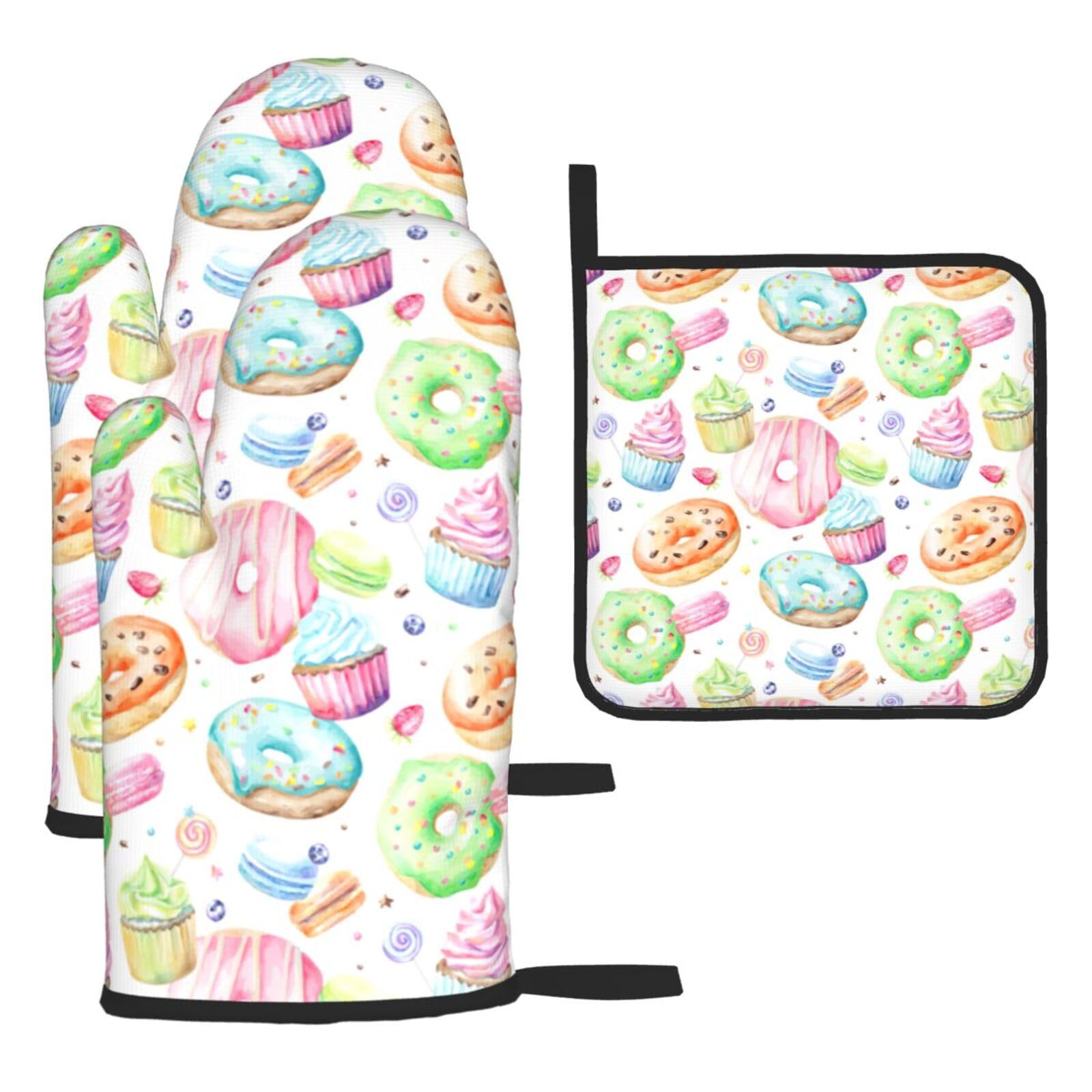Yyoretp Black Cupcakes Donuts Muffins Sugar Print Oven Mitts And Potholders Bbq Gloves-Oven Mitts And Pot Holders For Cooking Baking