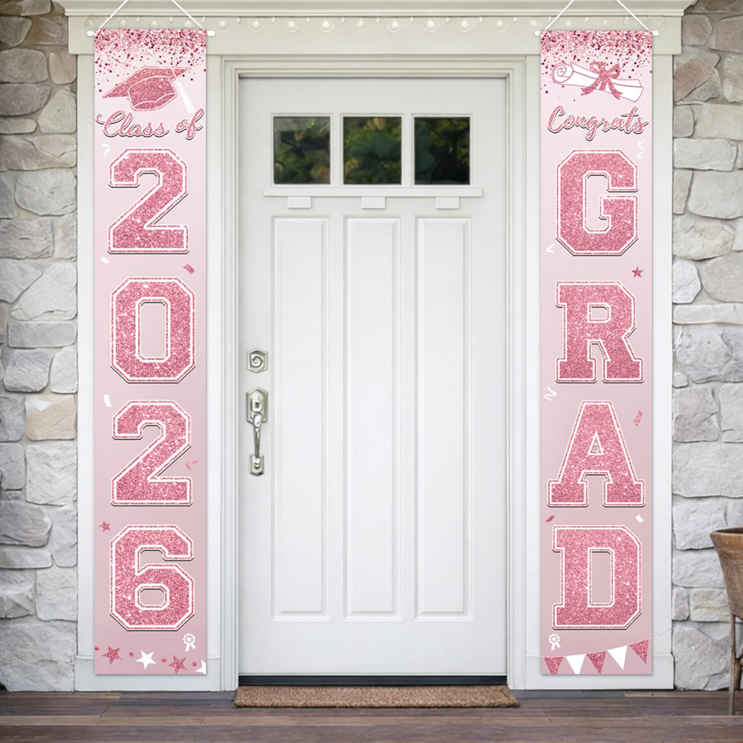 Photo 1 of Graduation Decorations 2026 Porch Banner, Graduation Banner Class of 2026, Pink Rose Gold Congrats Grad Decorations for Door and Porch Party Supplies