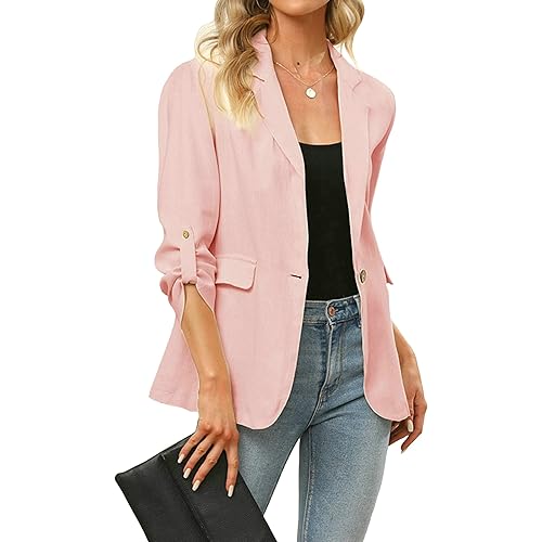 Karlywindow Womens Casual Linen Blazers Long Sleeve Open Front Lapel Collar Cotton Work Office Jacket with Pockets