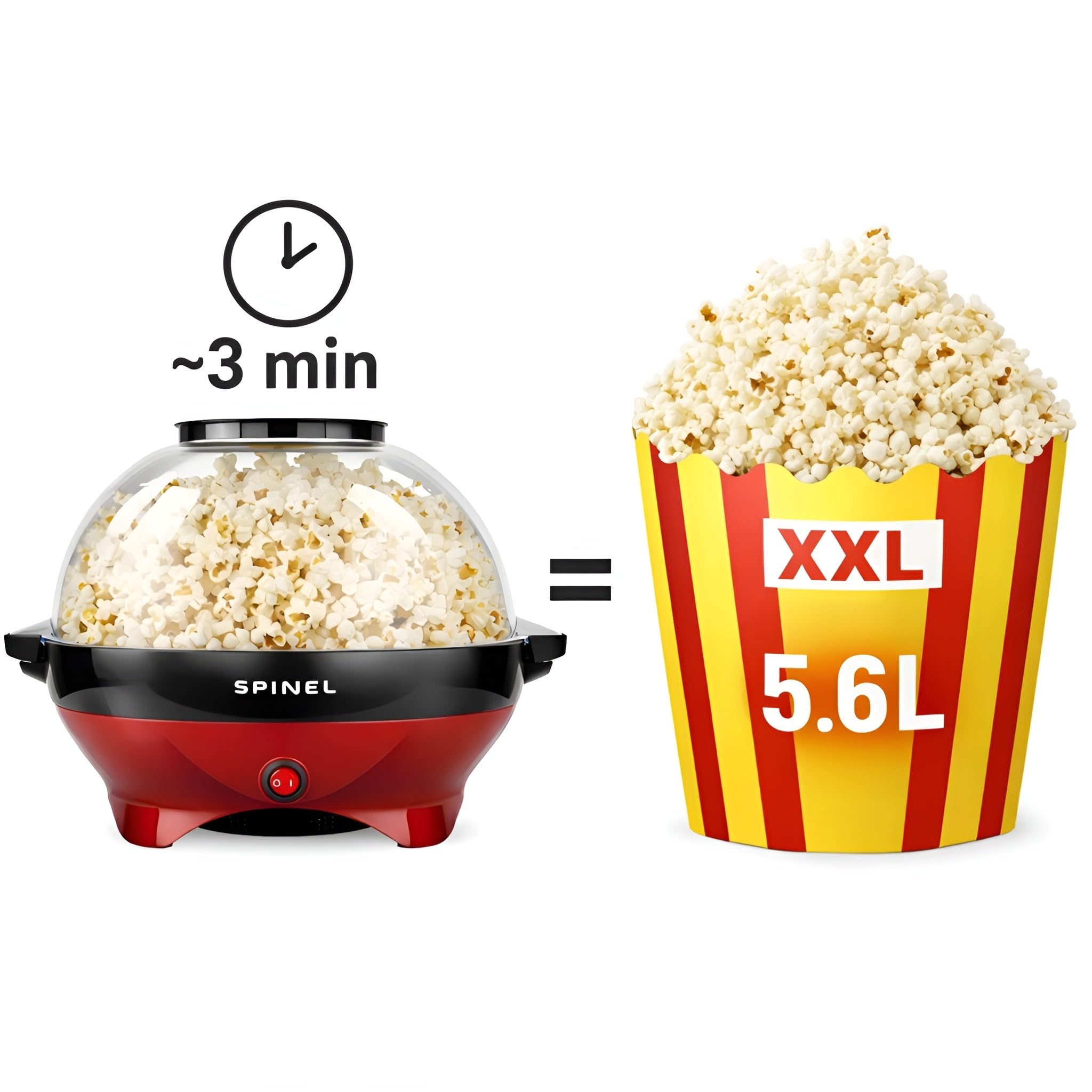 Spinel Popcornmaschine – Popcorn Mais Maschine Maker Mit Zucker & Salz & Öl, Groß Gadgy Kino Heißluft Popcornmaker, Retro Popper Popcornmais für Zuhause Mit Antihaftbeschichtung, 5.5L