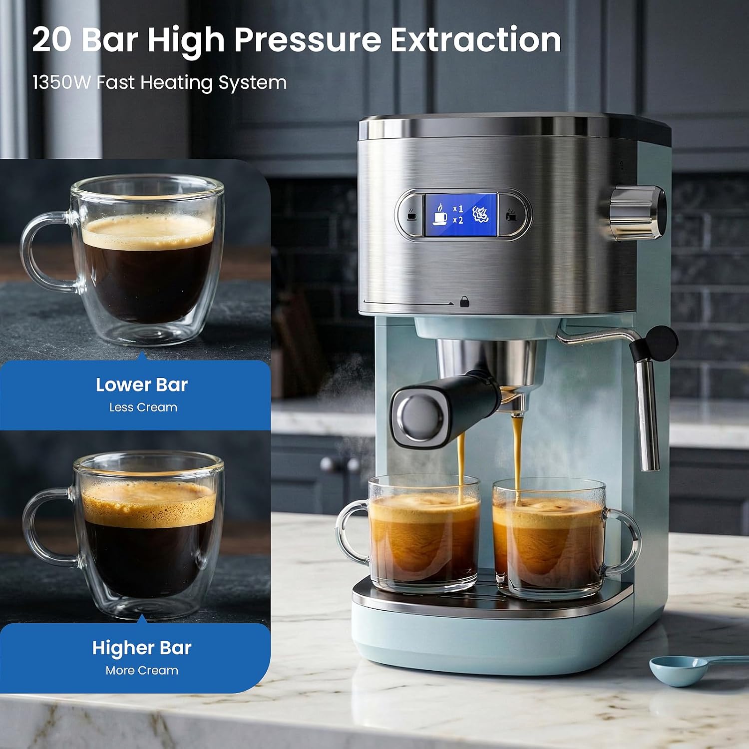 COWSAR Blue 20-Bar Espresso Machine: Dual-use (grounds/capsules), steam wand for lattes, cup warmer & removable tank. Professional home brewing made easy. image 5