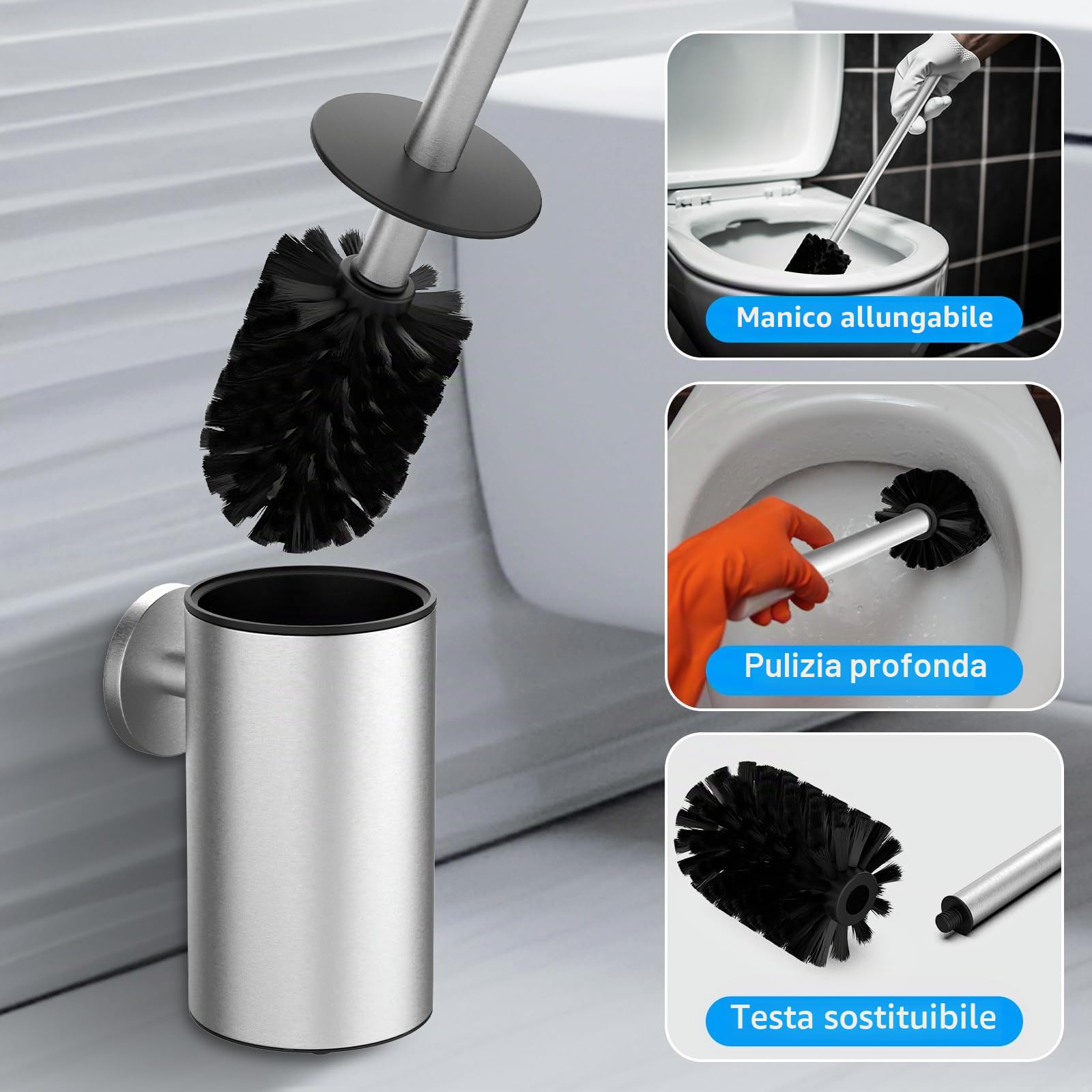 Spazzola per WC in acciaio inox 304, set per WC con montaggio a parete e porta scopino – Include 2 testine (Round Silver)