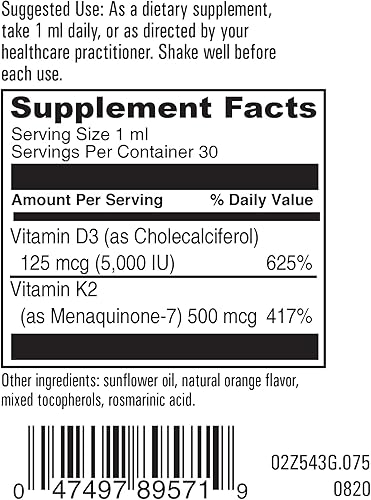 Miniatura 2 de Gotas líquidas de vitamina D3 y K2 | Vitamina D3 (5,000 UI) y vitamina K2 como menaquinona-7 (MK7) | Máxima fuerza de absorción más rápida | Sin