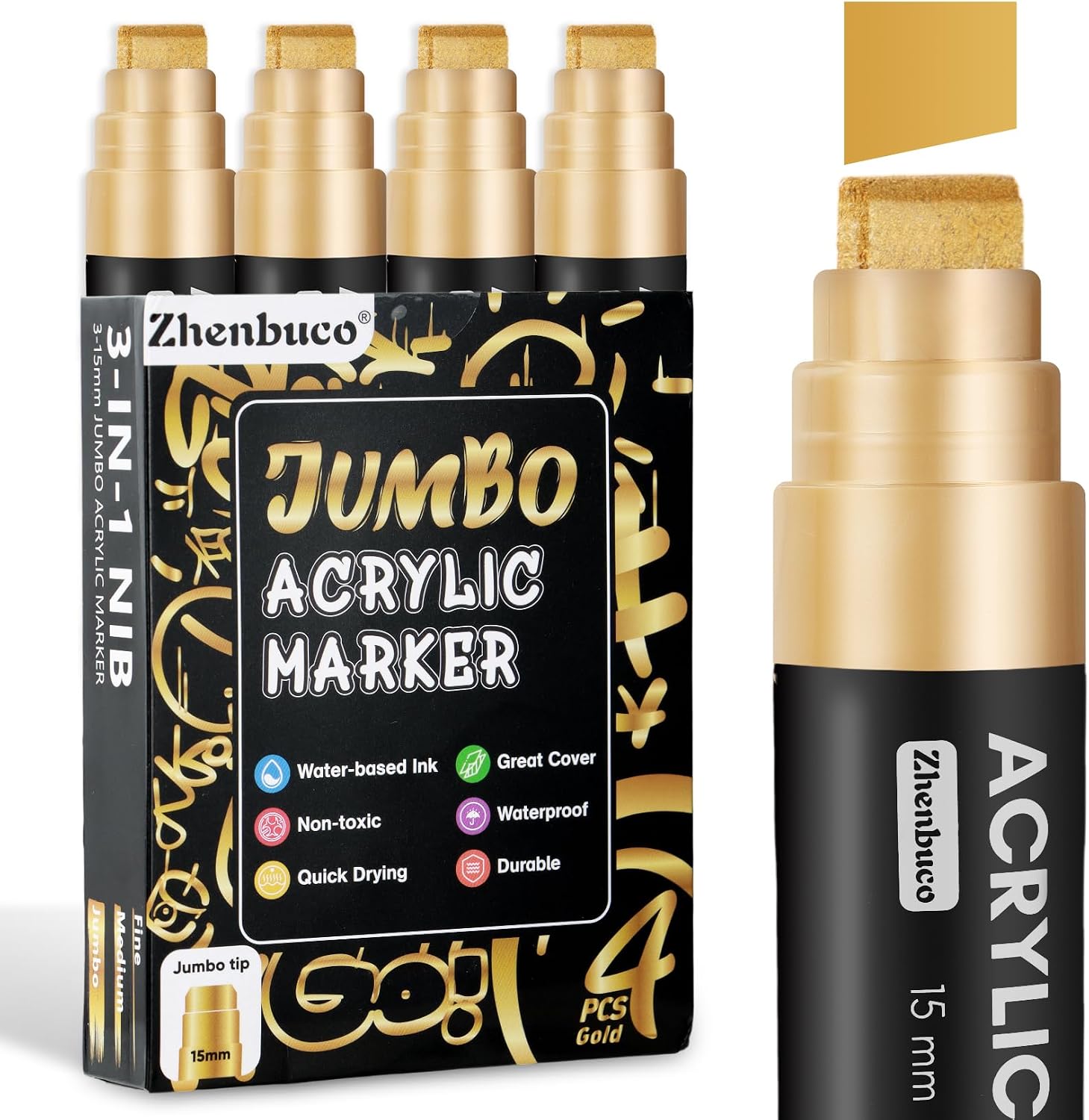 4 PCS White Jumbo Permanent Markers - 15mm Wide Tip Thick Acrylic Paint Pen, Large Calligraphy Acrylic Paint Markers for Rock Painting, Poster, Canvas, Children's Day Sign, Glass, Wood, Metal, Ceramic