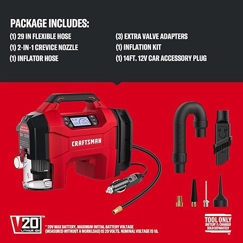 Miniatura 8 de CRAFTSMAN Inflador de neumáticos 3 en 1, compresor de aire portátil de 160 PSIaspiradora de automóvilsoplador de polvo, 20 V inalámbrico y 12 V de