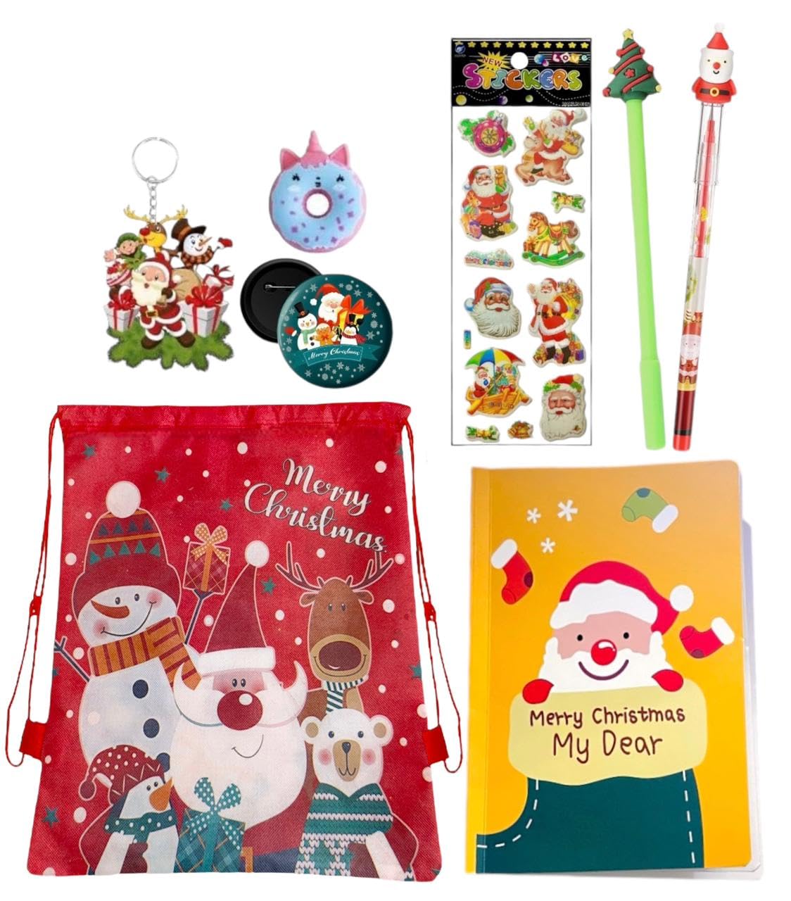Merry Christmas theme return gifts for kids I gift goody bag I 8in 1 gift set - bag with diary, pen, pencil, eraser, keychain, badge & stickers | secret santa gift