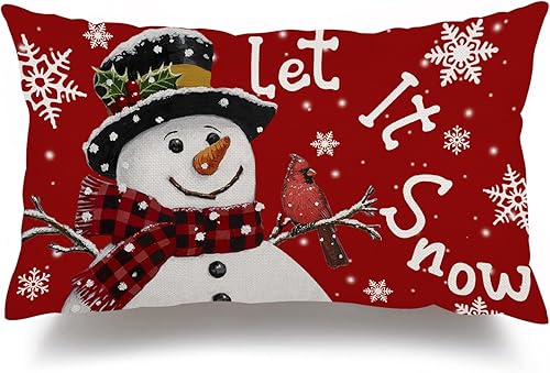 Fundas de almohada rojas de Navidad de 12 x 20 pulgadas, funda de almohada lumbar con diseño de muñeco de nieve y muñeco de nieve, funda de almohada