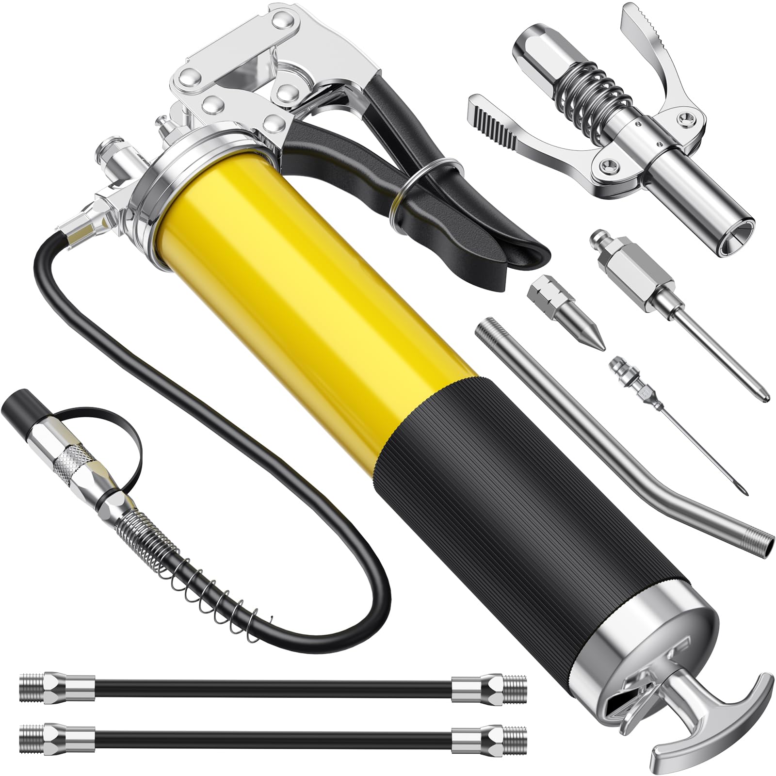 Fantictas Grease Gun Kit, 8000 PSI Leak-Proof Pistol Grip Grease Gun with Lock Coupler, 18" Spring Flex Hose, 14oz Load, 2 Standard Hose, Grease Injector, Needle, Coupler, Rigid Pipe, Sharp Nozzle