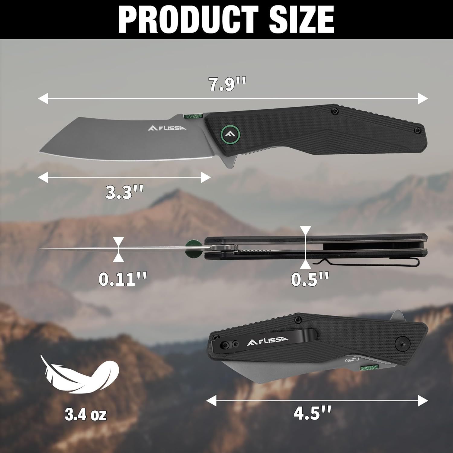 FLISSA Reverse Tanto Folding Knife, 3.3" 14C28N Steel Blade, Thumb Disc, G10 Handle, Pocket Clip for EDC Outdoor Hiking, Camping, Gift for Men Women