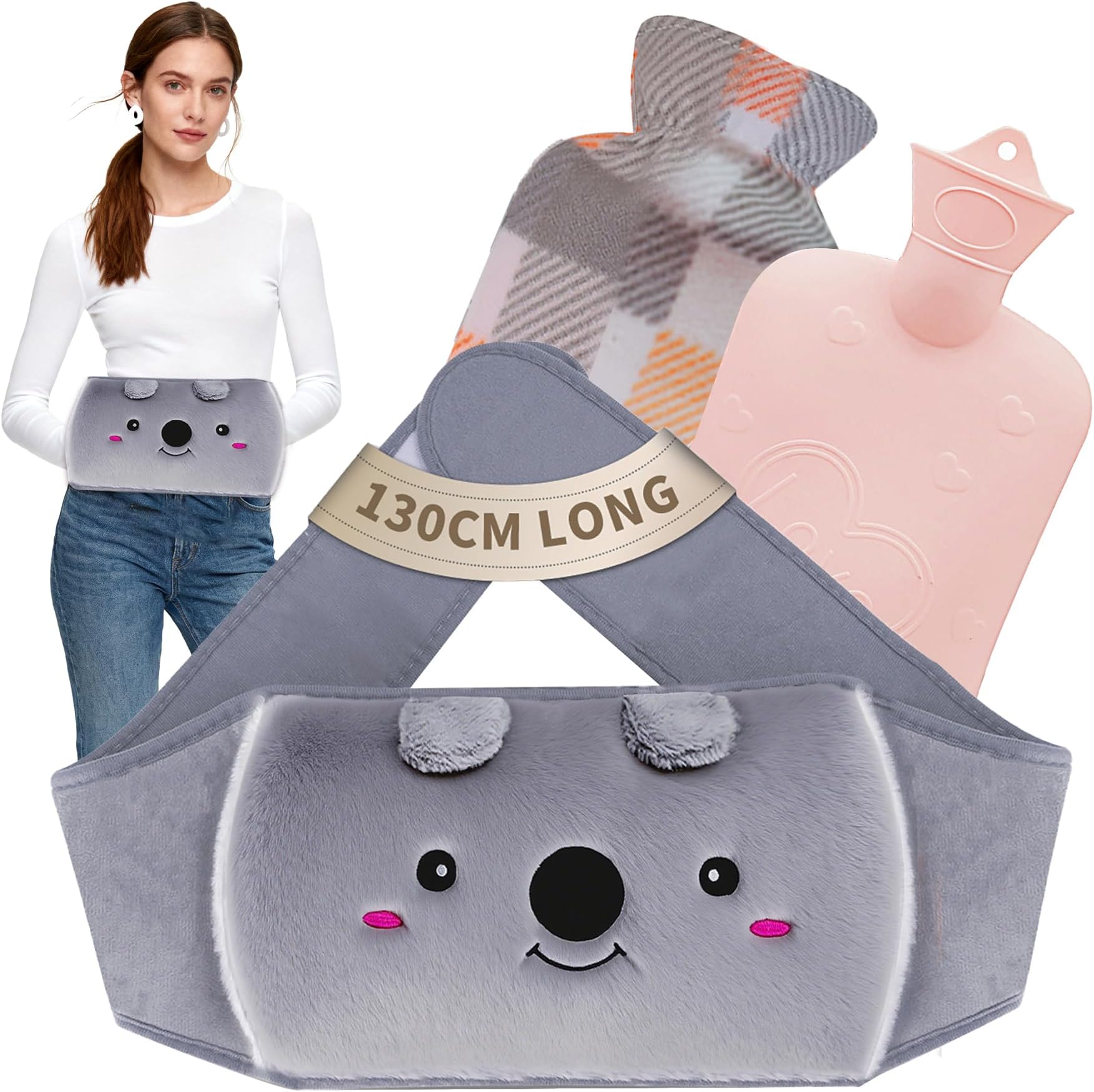 Hot Water Bottle Belt, 1L wrap Around Wearable 3 in 1 Hot Water Bag with 130 cm Long Soft Waist Cover, PVC Koala Hot Water Bottle Strap for Neck, Shoulder, Back, Legs Warm and Period Relief