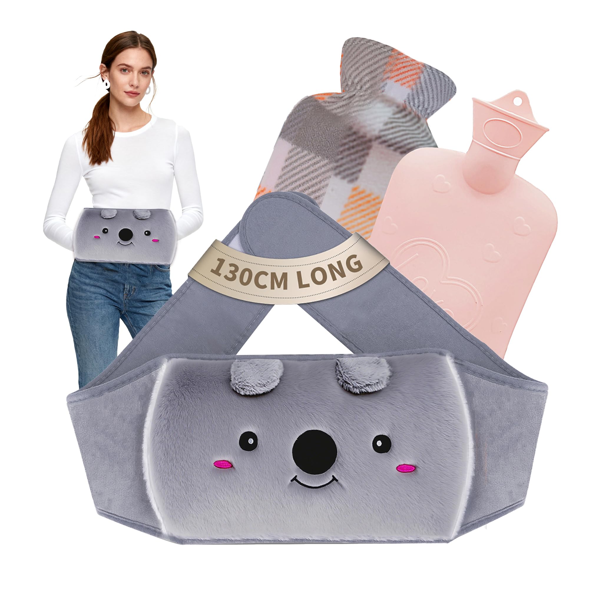 Hot Water Bottle Belt, 1L wrap Around Wearable 3 in 1 Hot Water Bag with 130 cm Long Soft Waist Cover, PVC Koala Hot Water Bottle Strap for Neck, Shoulder, Back, Legs Warm and Period Relief