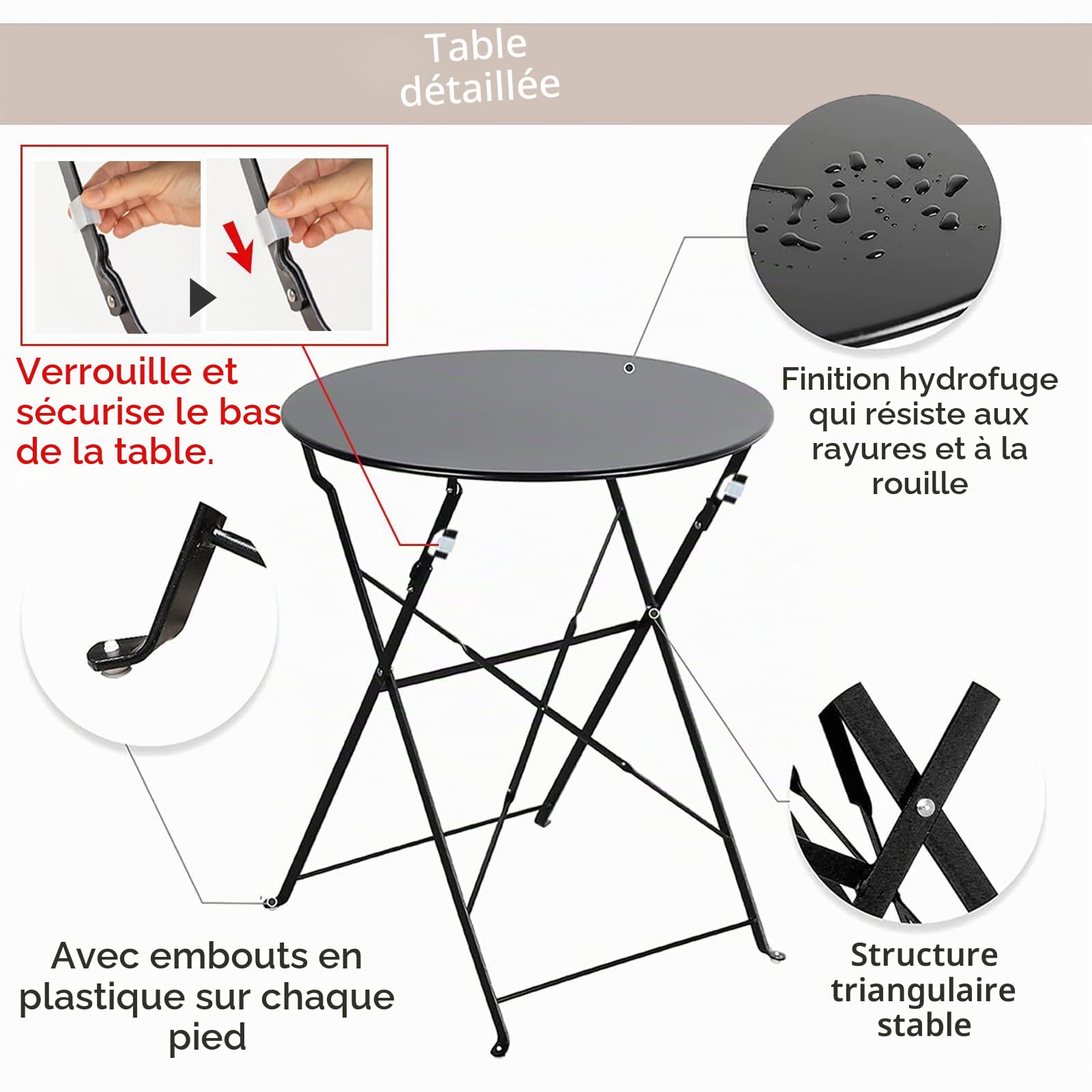 Ensemble bistrot pliable 3 pièces, pour intérieur/extérieur, 2 chaises et 1 table, résistant aux intempéries pour intérieur/extérieur, rouge