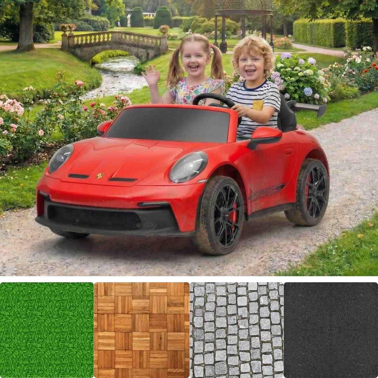 Porsche 911 GT3 voiture électrique enfants 24V 2 places 4x4, Rouge, 4 x 200W moteurs, batterie lithium, télécommande parentale 2,4 GHz, suspension, USB/AUX, phares LED, licence officielle
