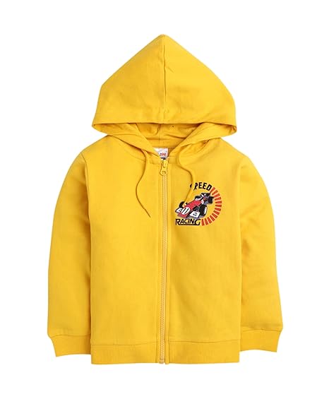 BUMZEE Full Sleeves Racing Car Print Hooded Sweatshirt - Yellow