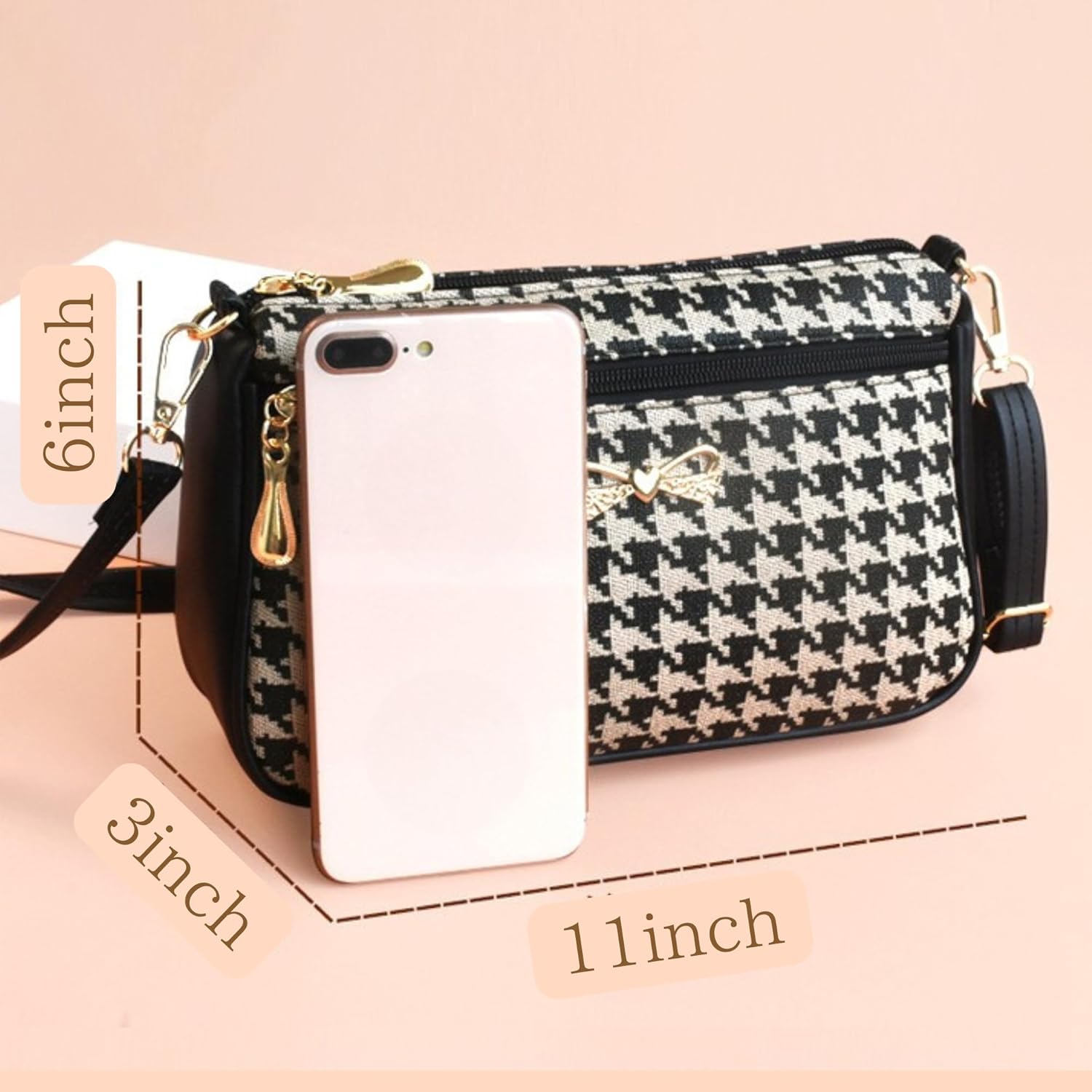 Houndstooth Faux Leather Crossbody Bags, Womens Metal Chain Strap Vegan Shoulder Clutch Purse with Rabbit Key Ring