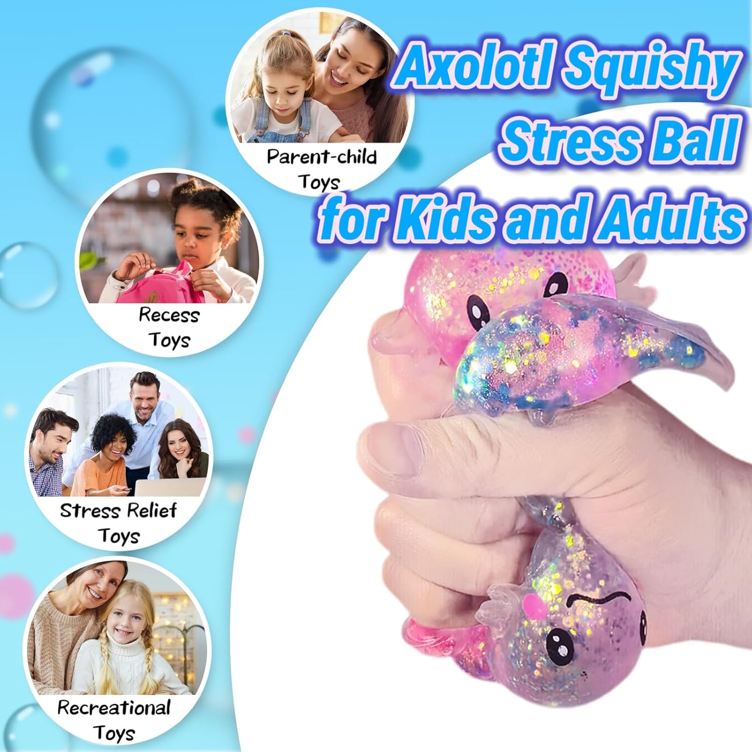 2 Pack Squishy Axolotl Sugar Stress Balls Squeeze Fidget Toys for Girls and Boys, Cute Anxiety Relief Salamander Toys Squishy Stress Balls for Kids and Adults, Birthday