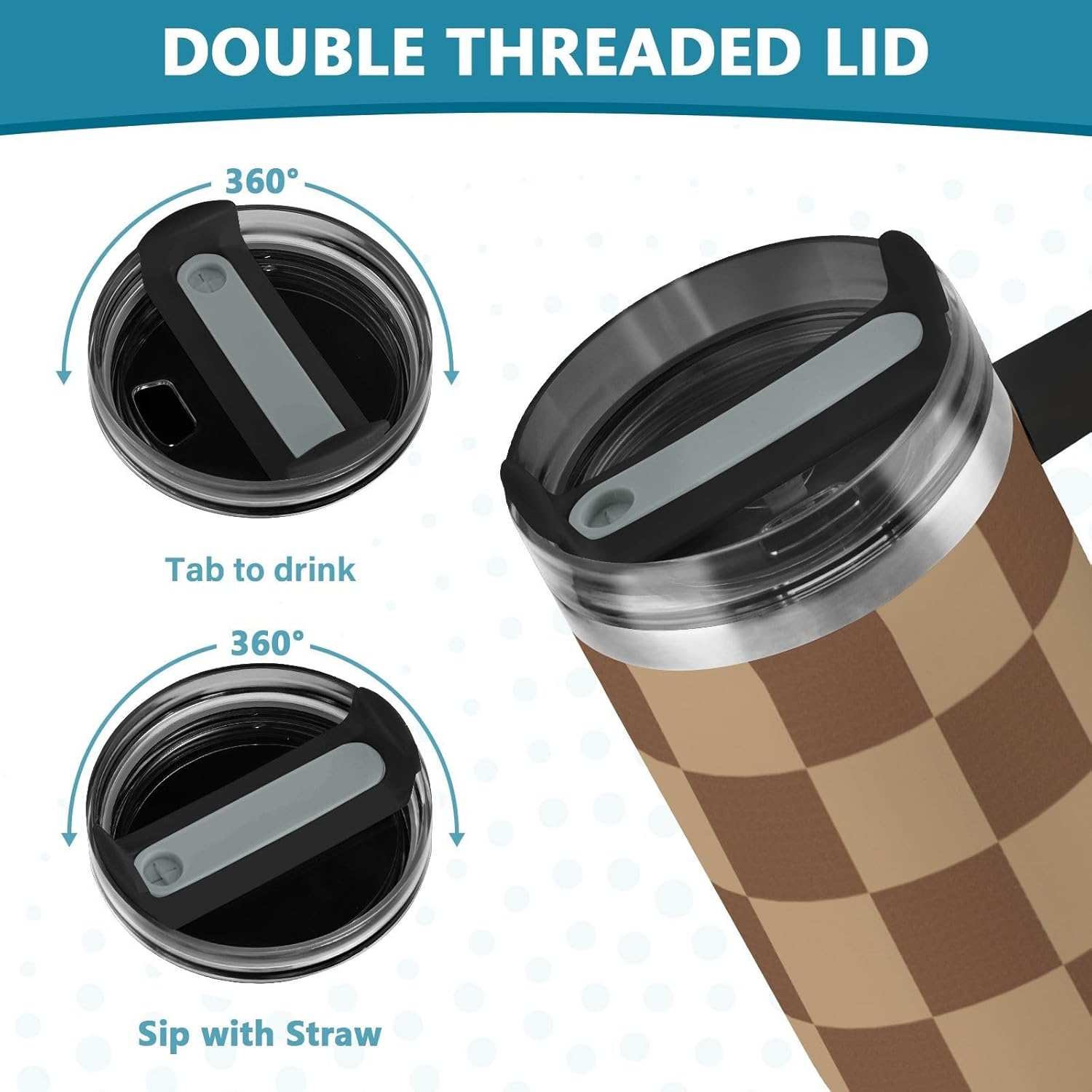 Checkered Brown 40 oz Tumbler with Handle Lid Straw Insulated Tumblers Stainless Steel Tumbler Leak Proof for Water Coffee Ice Tea Keep Cold or Hot Black - Image 5