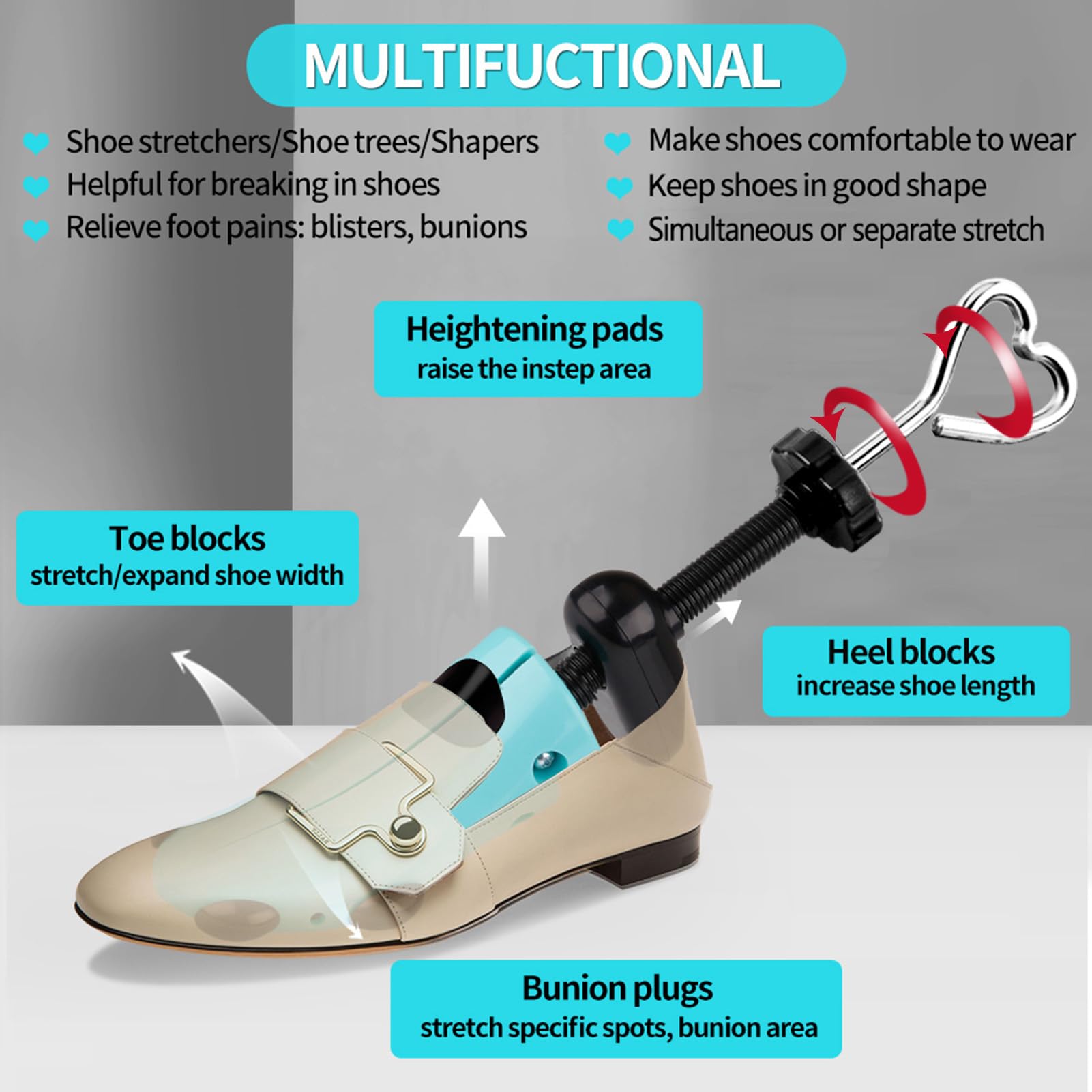 Estirador de zapatos, par de expansores de zapatos ajustables de plástico en 4 direcciones para juanetes de pies anchos