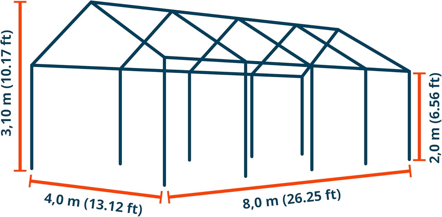 Diagram showing the dimensions of the 4x8m tent: 4.0m width, 8.0m length, 2.0m side height, 3.10m peak height.