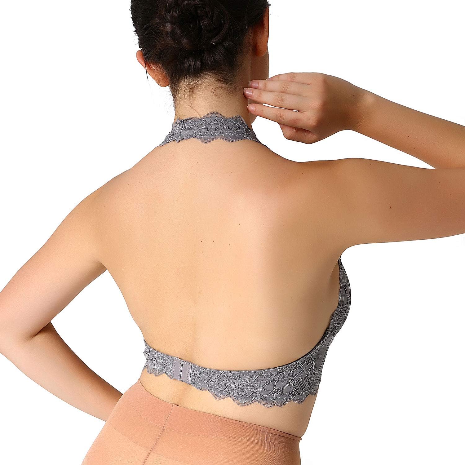 JOJOANS Halter Lace Bralette Unpadded Wireless Sheer Bra Bustier Full Coverage Lingerie - Image 5