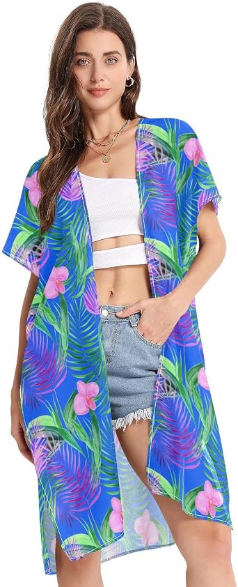 Palm Purple Blue Beach Cover Ups Swimsuit Cover Up Summer Cardigans Kimonos Coverup for Women Cruise,S
