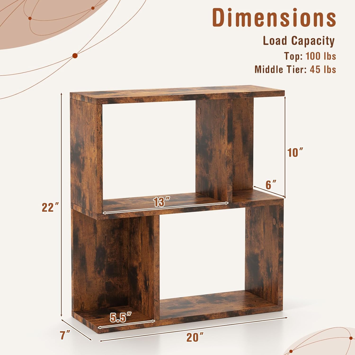 Tangkula 3 Tier Geometric Bookshelf, S Shaped Open Bookcase with Storage, Home Office Decor, Freestanding Wood Display Shelf for Living Room Study, Small Bookshelf for Small Spaces (1, Rustic Brown)