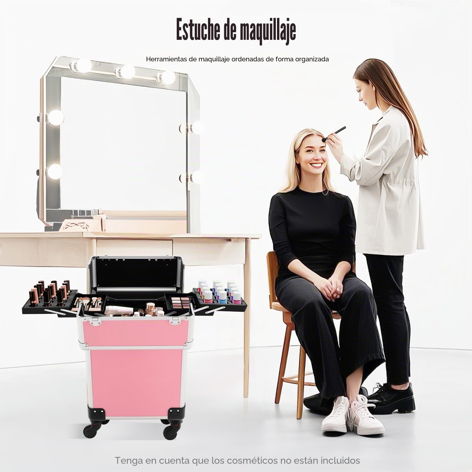 Maletín de cosméticos con ruedas, 4 en 1, maletín de maquillaje, maletín de maquillaje, maletín con ruedas, maletín pequeño, con llave, rosa, 24 x 34 x 47 cm