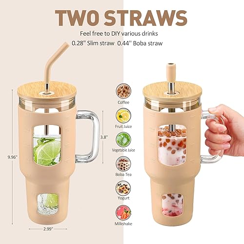 Miniatura 4 de Vaso de vidrio con popote y tapa, taza de vidrio de 40 oz con asa, botellas de agua de vidrio con marcador de tiempo, funda protectora de silicona,