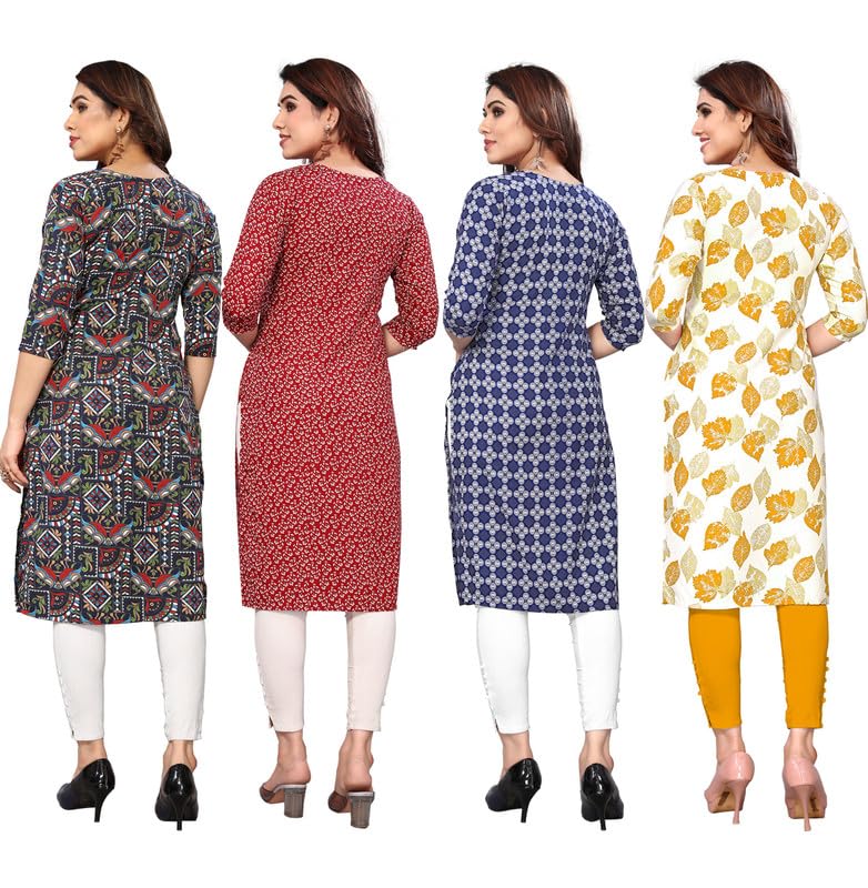 Image of JAKHANA Women's Crepe Printed Casual Straight Calf Length Round Nick Kurta Pack of 4