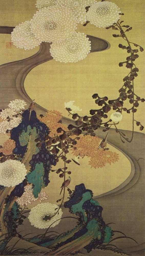 絵画風 壁紙ポスター はがせるシール式 伊藤若冲 動植綵絵 菊花流水図 じゃくちゅう 生誕300年 キャラクロ K Itj 007s1 576mm 1018mm 建築用壁紙 耐候性塗料 激安大特価