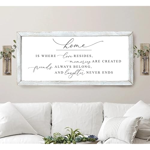 Home Is Where Love Resides, BEST SELLER, Farmhouse Sign, Living Room Sign, Farmhouse Love Signs For Home Decor, Sign for Farmhouse Decor, Rustic Wall Decor (20x10 Rustic White)