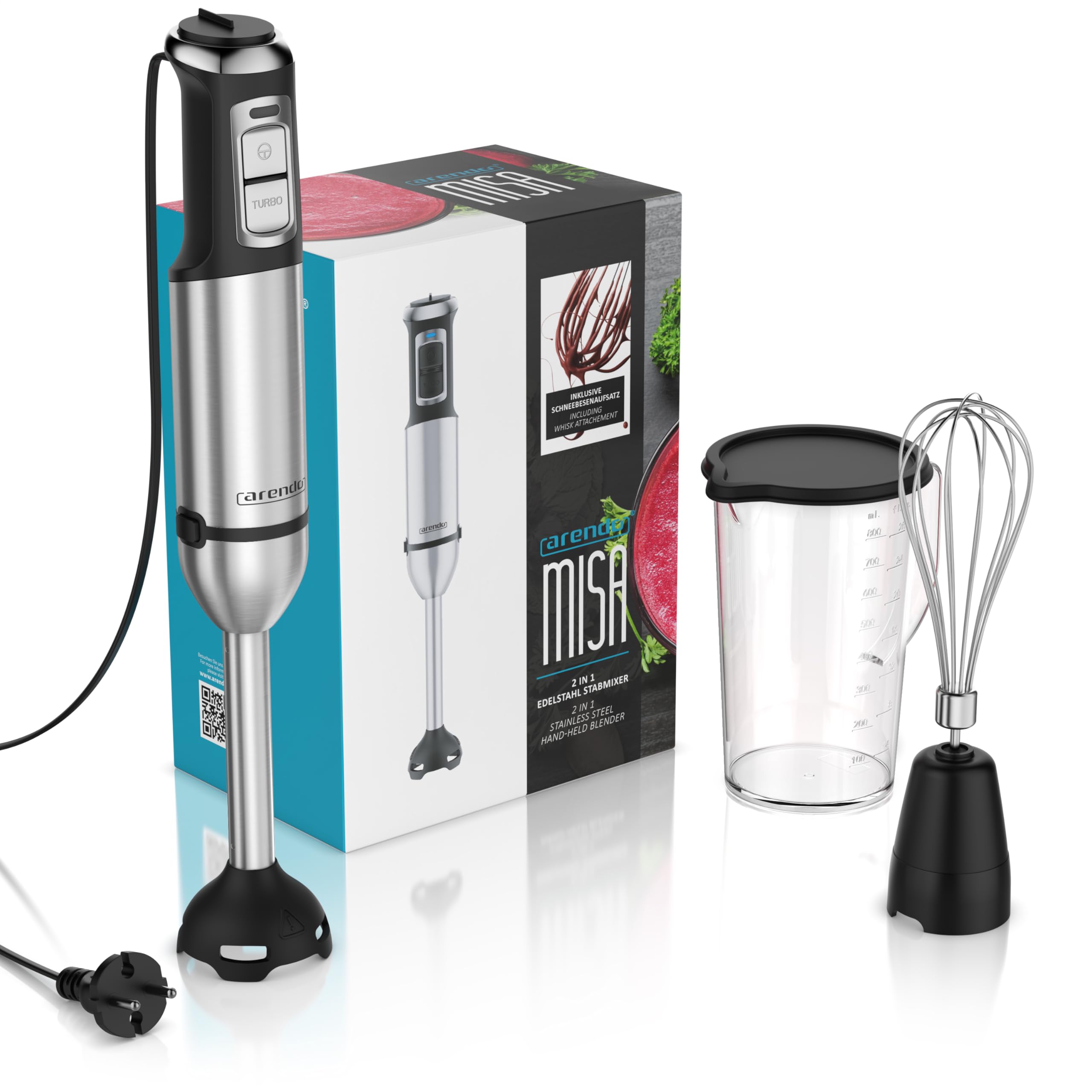 Arendo - Edelstahl Stabmixer 2000 Watt - Handmixer Set - Pürierstab - stufenlose Geschwindigkeit - Turbotaste – Mixfuß mit Edelstahlmesser - Schneebesen – BPA-frei