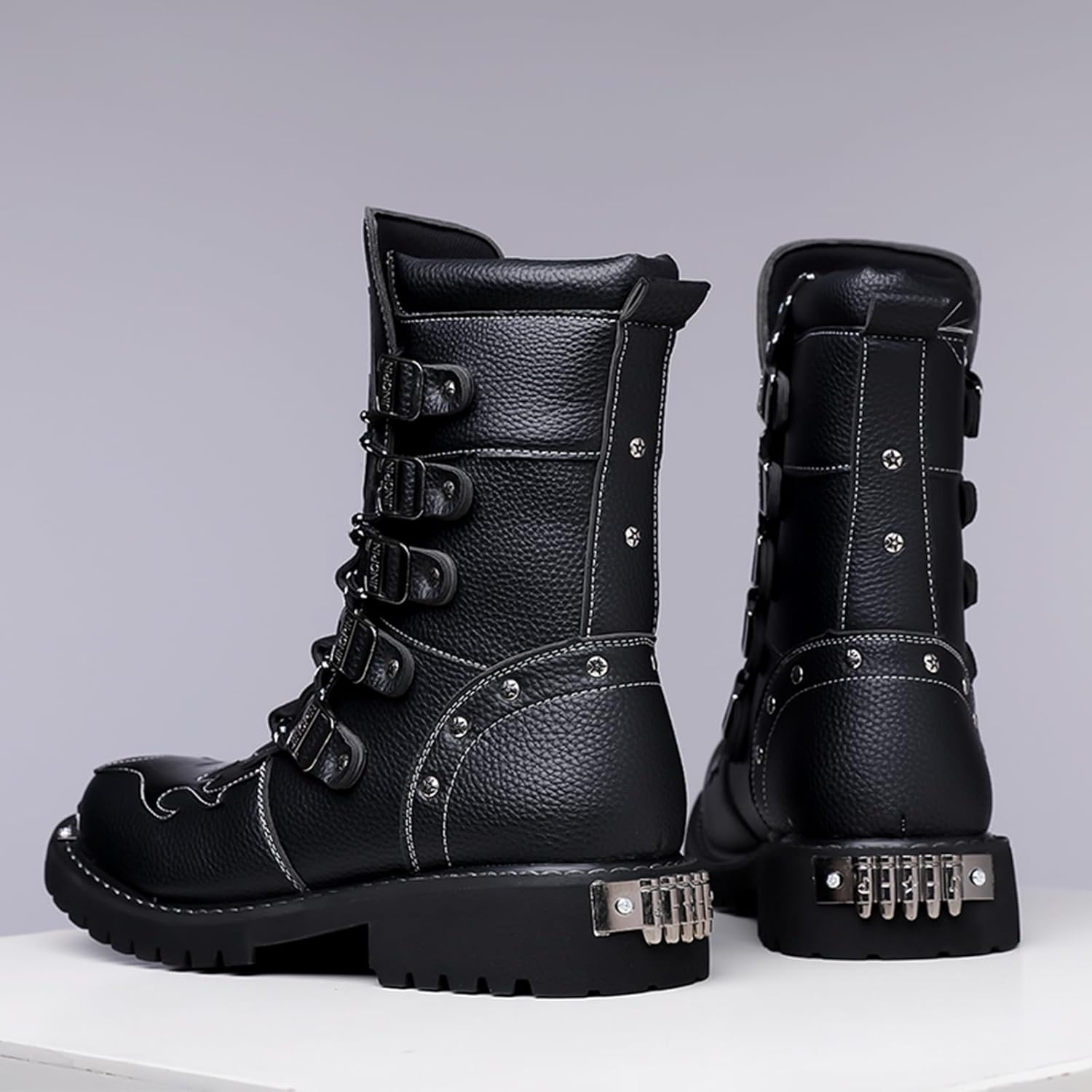 Men's Leather Lace-Up Multi-Strap Motorcycle Boots Round Toe Stylish Non-Slip Tactical Military Boots Suitable For Riding, Working, Rock Music Festivals - Image 4