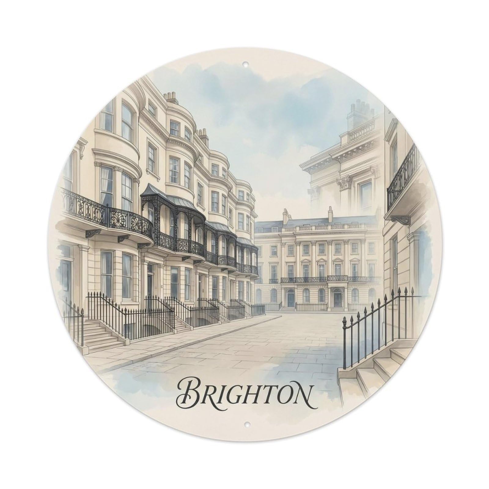 Brighton Regency Architecture Cityscape Elegant Vintage Travel Metal Tin Sign Plaque Wall Decor for Cafe, Man Cave, Club Bar, Office, Home Garden Round Metal Poster 8x8Inch