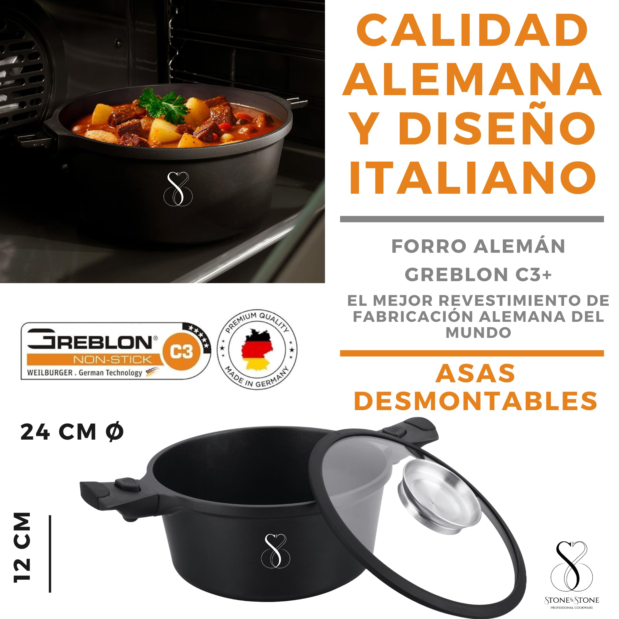 Cazo Cacerola mango ergonómico extraíble Apto Inducción acero & aluminio antiadherente Alemán Greblon C3+ inducción y horno Libre de PFOA + tapa de cristal (24CM)