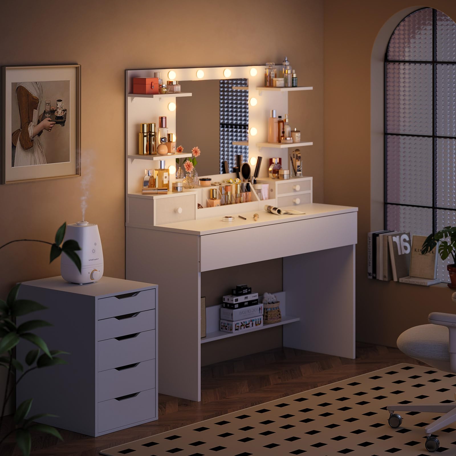 Coleshome Tocador de Maquillaje con Espejo LED y 10 Luces, Mesa de Maquillaje, Tocador Blanco con Cajones, Organizador y Estantes, Moderno para Dormitorio, 100x40x136cm