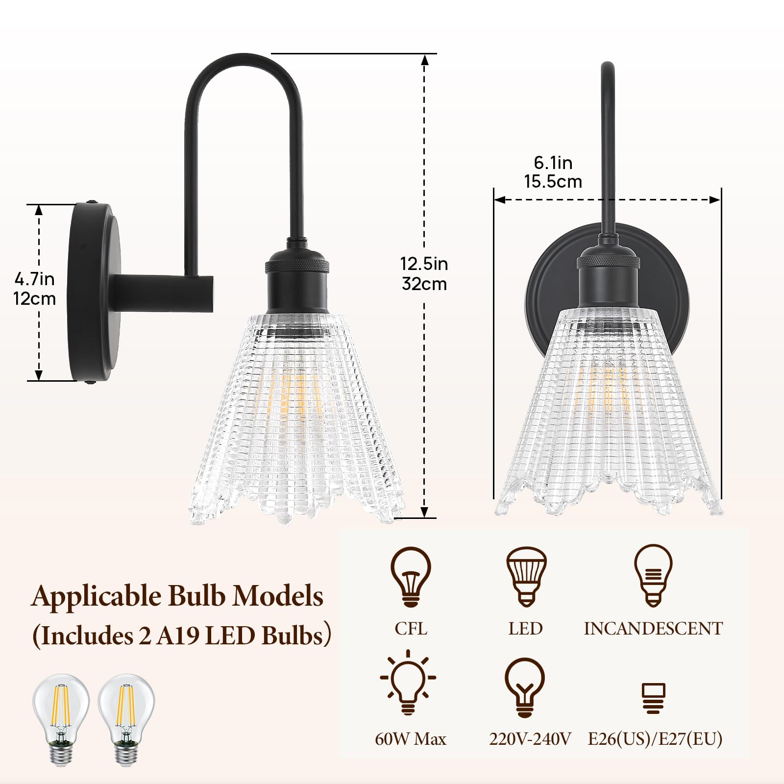 Wandleuchte Set 2-tlg, Schwarz Vintage Wandlampe mit Langem Klaren Glasschirm, Festverkabelte Wandleuchten für Schlafzimmer, Badezimmer, Wohnzimmer | Inkl. 2 LED Birnen