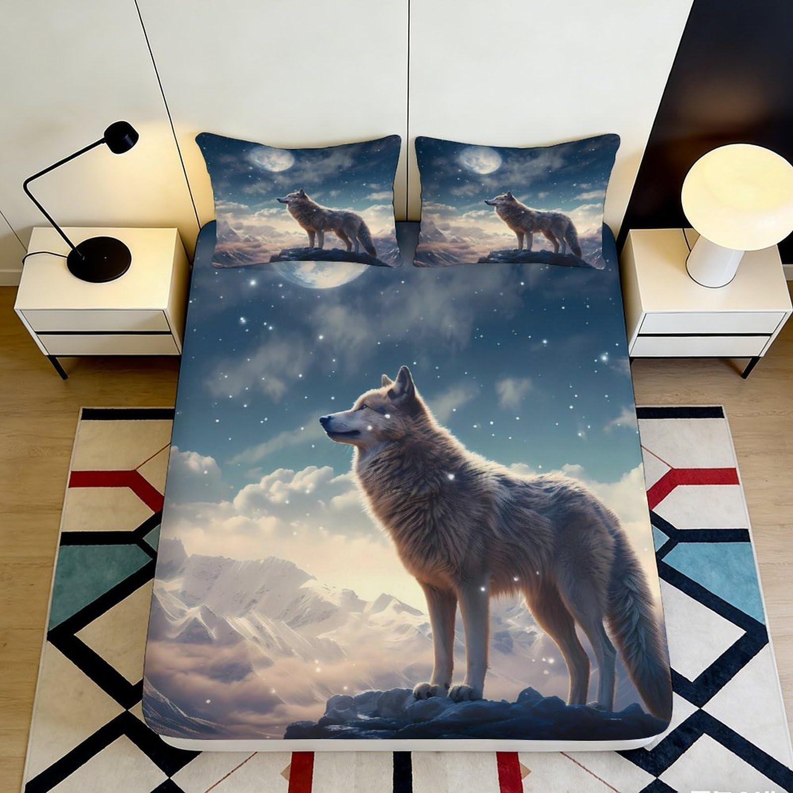 3D Printed Wolf Moon Fitted Sheet Microfiber Soft Breathable Night Sky Bed Cover for Bedroom Dorm Decor 90x200x25cm