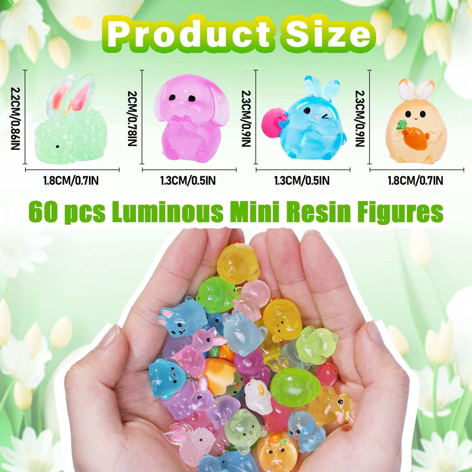 60Pcs Easter Luminous Mini Resin Figurines Miniature Figurines Tiny Small Easter Glow in The Dark Little Bunnies Chicken for Dollhouse Eggs Fillers Landscape Micro Garden Decoration Party Favors