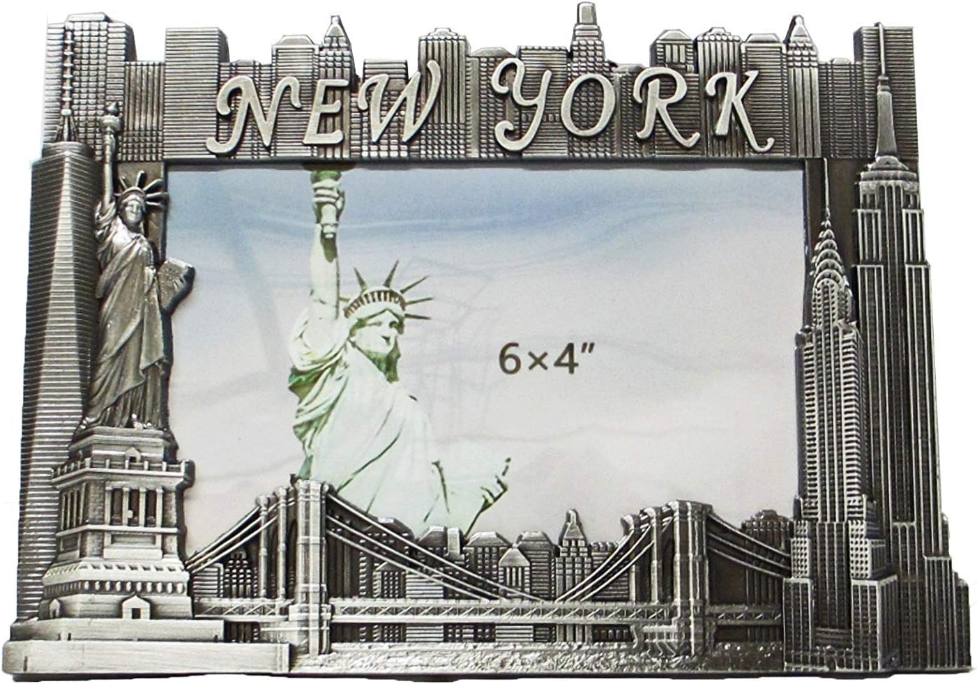 New York Souvenir Metal Picture Frame with Statue of Liberty Empire State Building Freedom Tower NYC Skyline Fits 6x4 Photo (Pewter)