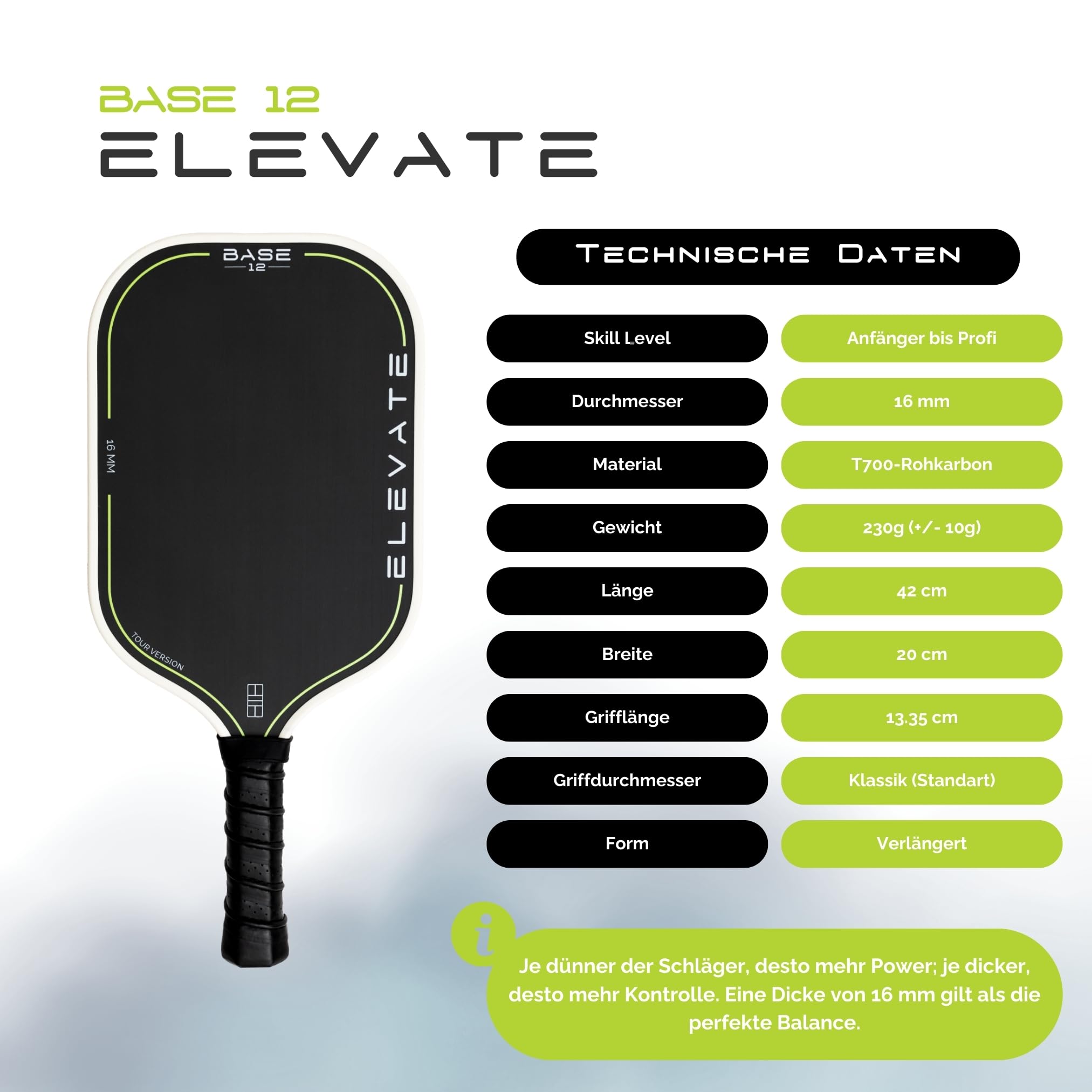 BASE12 Pickleball Schläger Carbon – Premium Paddle 16mm, Raue Oberfläche für Kontrolle & Spin – Ideal für Anfänger & Profis
