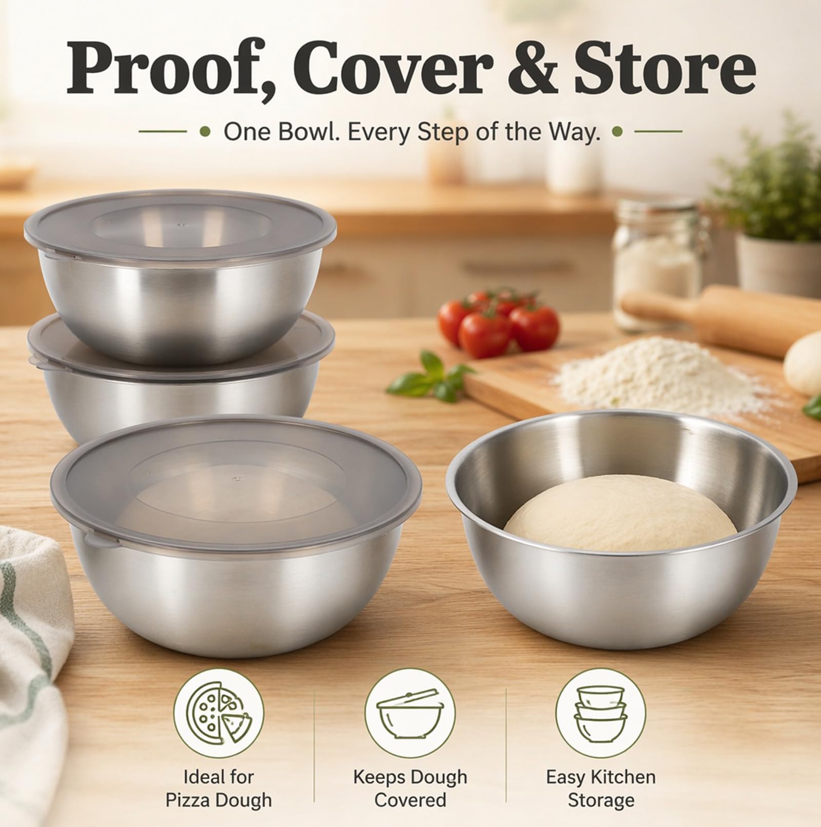 Cuencos de acero inoxidable con tapa, juego de 4 para cocina, pasta y ensalada | Aspecto de metal cepillado, cocina y pastelería, apilable con protección, para reposar masa, preparación y nevera