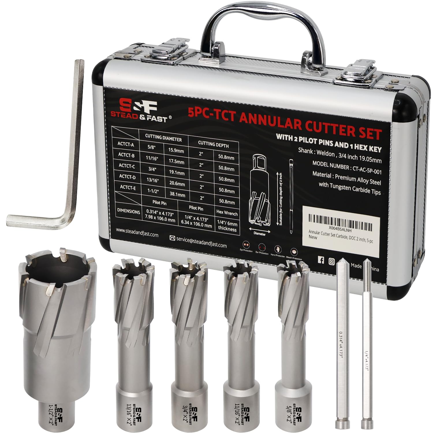 S&F STEAD & FAST Carbide Annular Cutter Set 5 Pcs, 3/4 Weldon Shank, Depth of Cut 2", Cutting Diameter 5/8, 11/16, 3/4, 13/16, 1-1/2", Mag Drill Bits Kit with Pilot Pin x 2