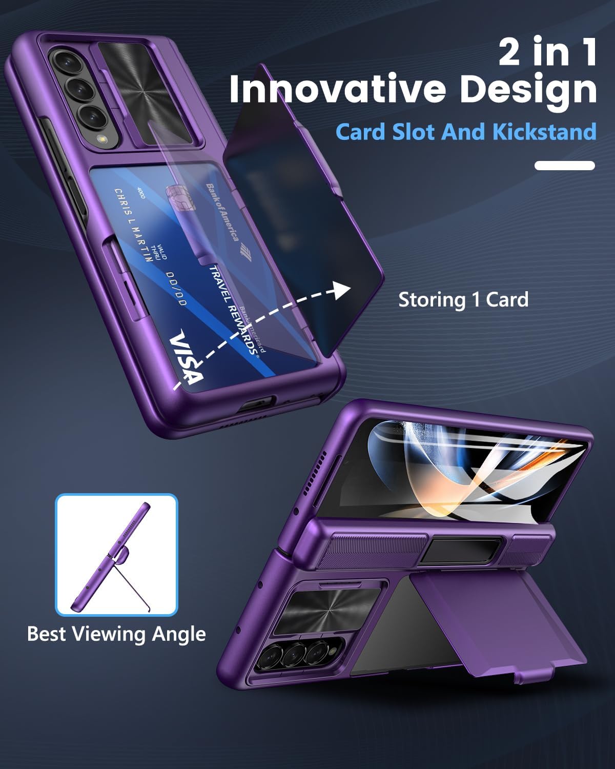 Viaotaily for Galaxy Z Fold 4 Case with Kickstand & Card Holder & Hinge Protection & Sliding Camera Cover, Built-in Screen Protector, Durable Rugged Phone Case for Samsung Z Fold 4, 2022, Dark Purple