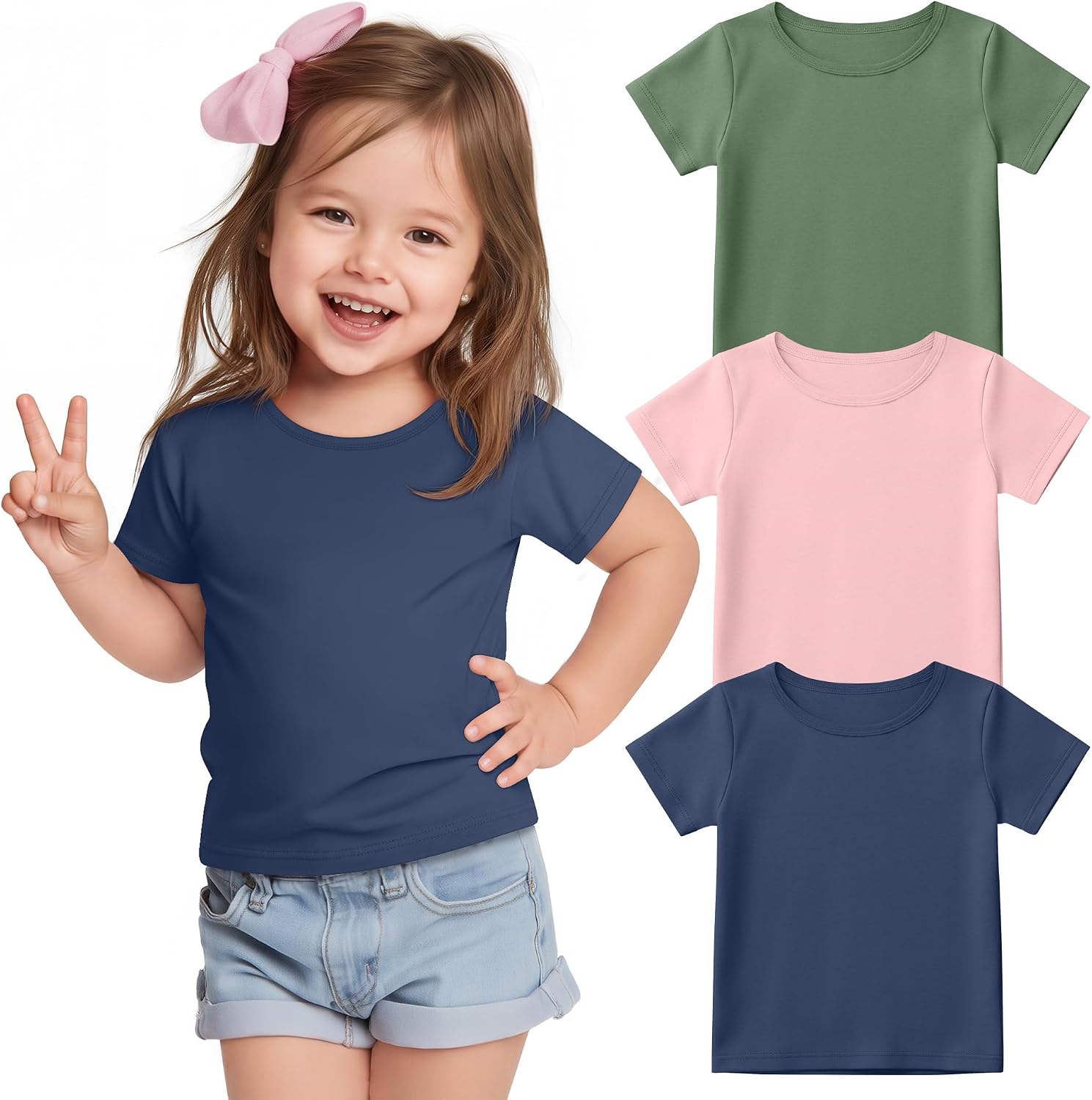 3 Pack Toddler Girls’ Short Sleeve T-Shirts Baby Crew Neck Girls Basic Tops Casual Soild Tees 18M-5T