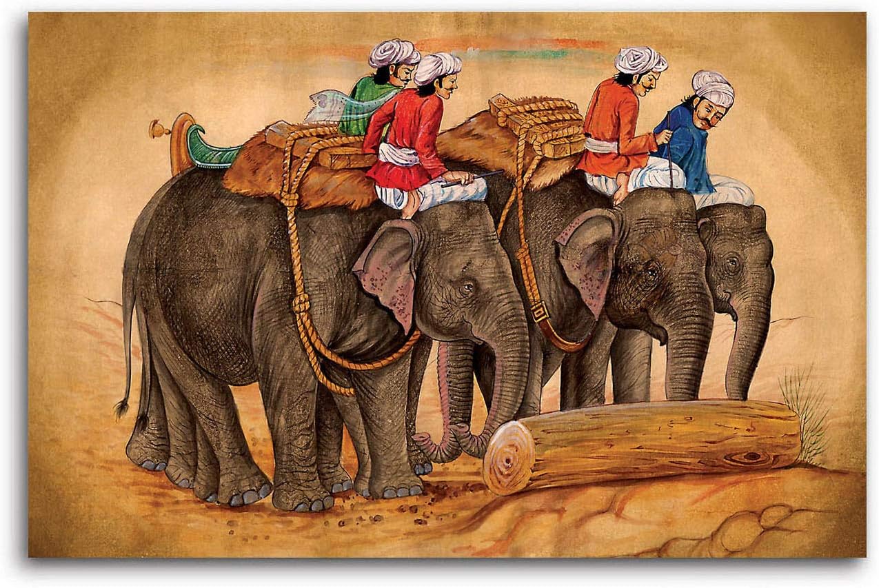 Tamatina Rajasthani Canvas Painting People Travel On Elephant